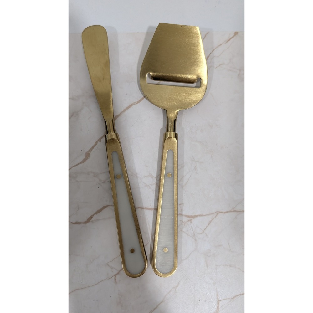 Anthropologie Gold Cheese Serving Set Spreader and Slicer White Inlay Handles